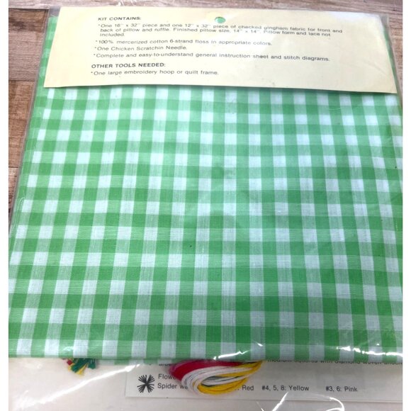 Vintage Chicken Scratch Embroidery Pillow Kit Green Gingham 14x14 - Picture 3 of 3